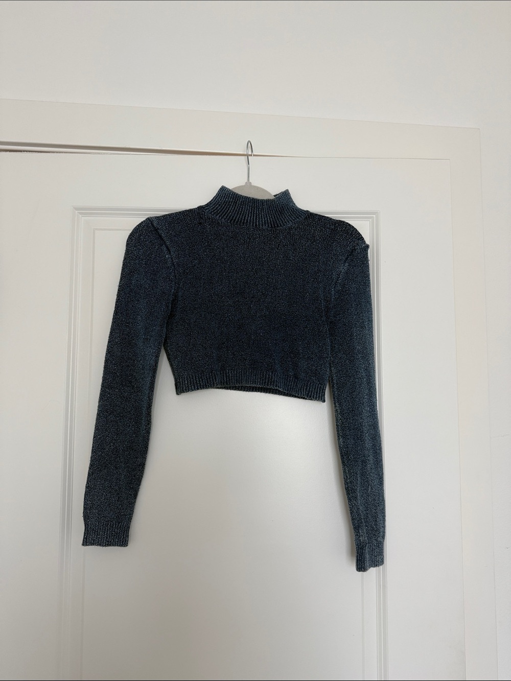 Zara Cropped Mock-Neck Knit Top in Dark Navy